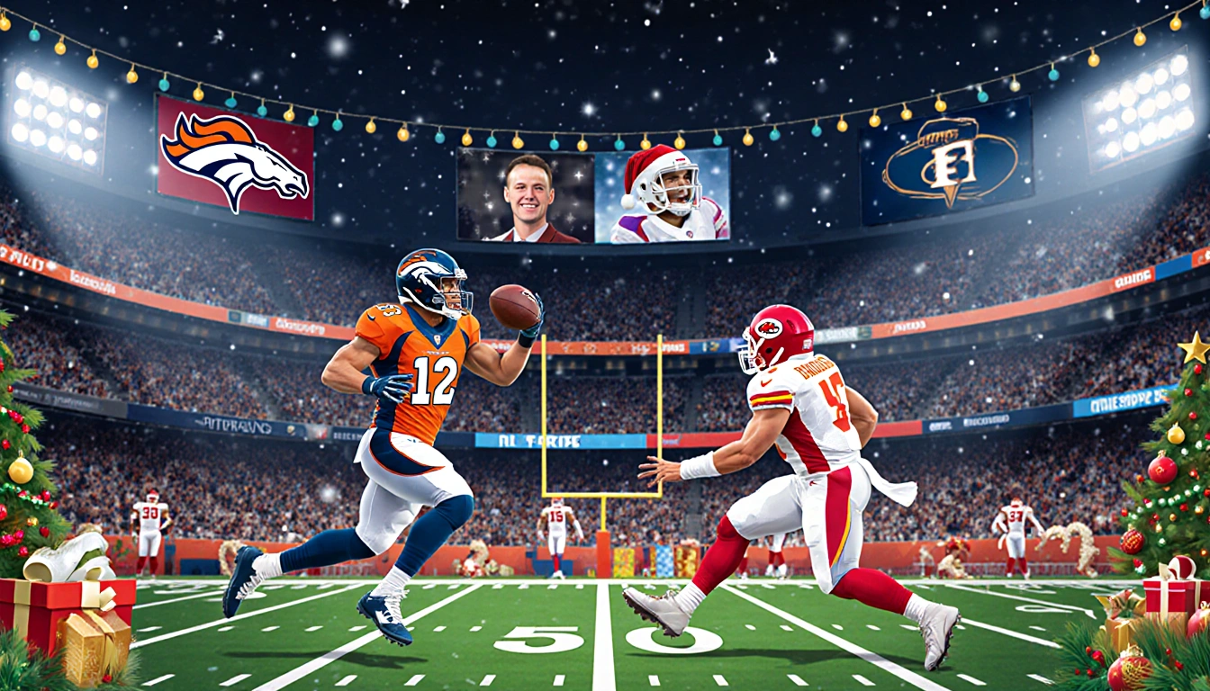 Broncos player tackles Chiefs with holiday lights framing stadium and Christmas games in background