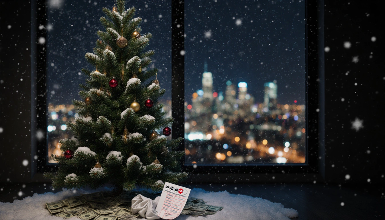 Christmas tree stands tall with snow falling and a crumpled Powerball ticket at its base near scattered cash city lights glit