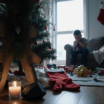 Christmas child sitting on couch with scattered toys and torn wrapping paper near a candlelit tree stand