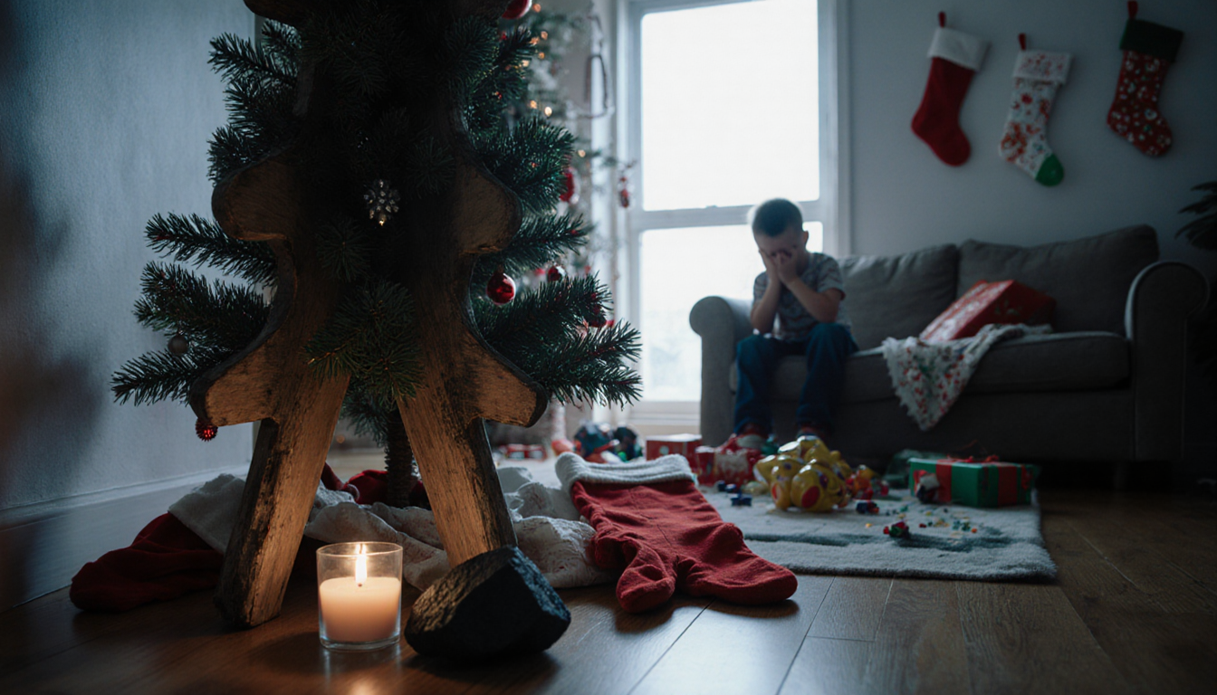 Christmas child sitting on couch with scattered toys and torn wrapping paper near a candlelit tree stand