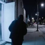 Dark‑clothed figure breaking into Our Mother of Consolation Church in twilight with a glowing security camera light and a doo