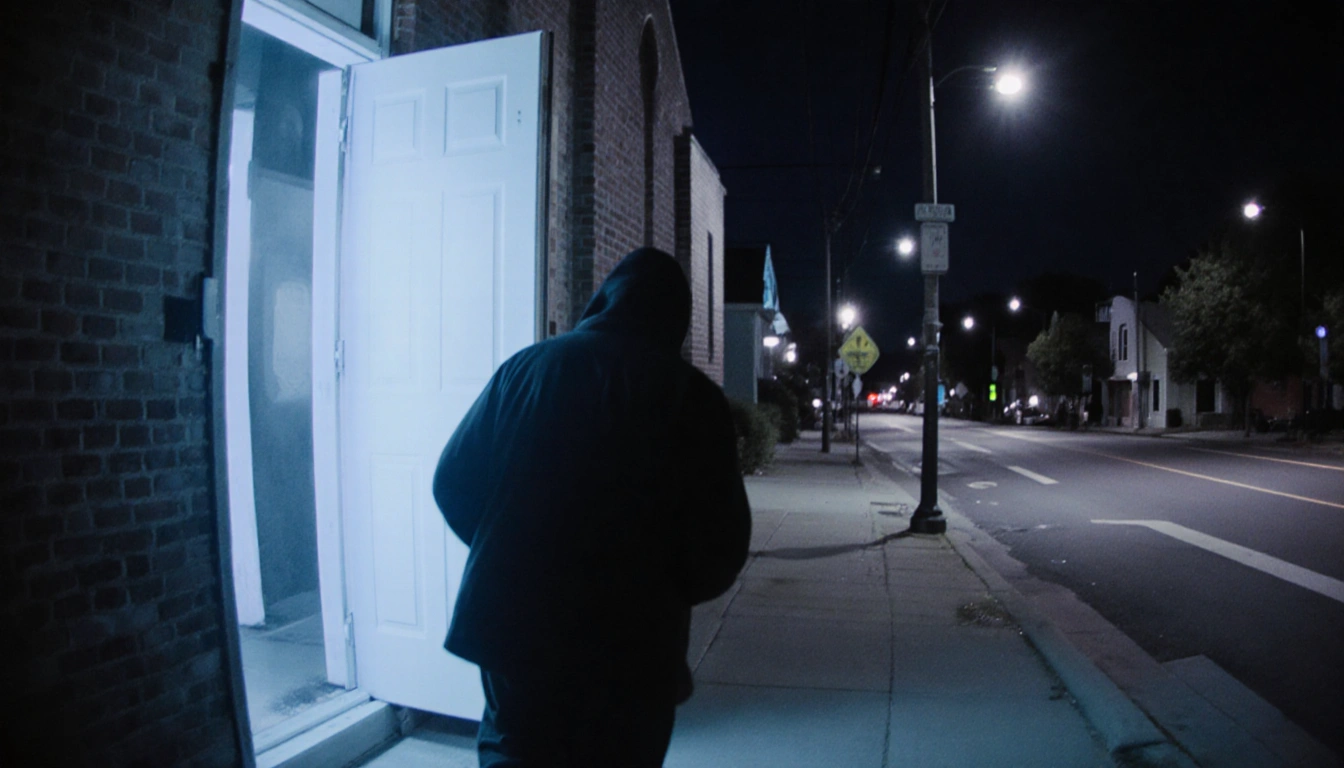 Dark‑clothed figure breaking into Our Mother of Consolation Church in twilight with a glowing security camera light and a doo