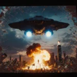 Cinematic screen shows fiery explosion on city with shattered glass fragments spaceship silhouette hovering and neon lights p