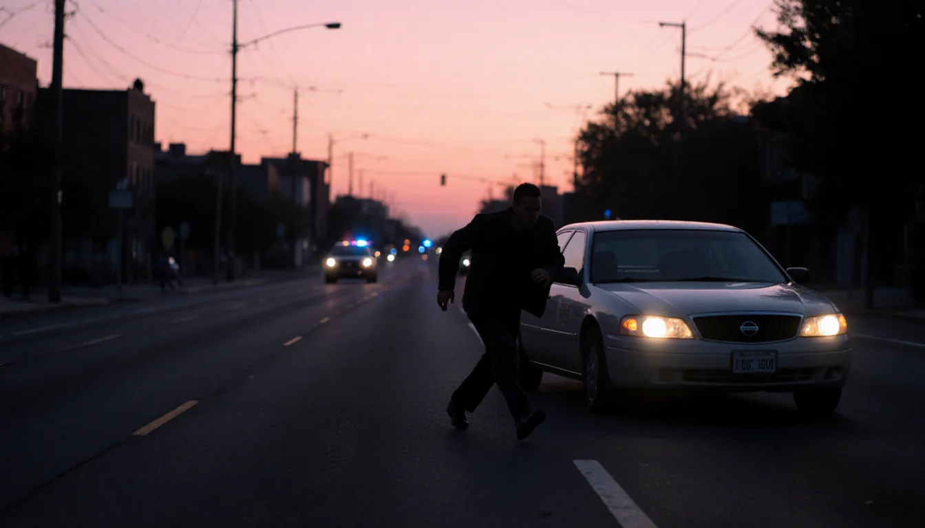 Man fleeing police with Nissan Maxima in foreground and police cruiser in background at dawn