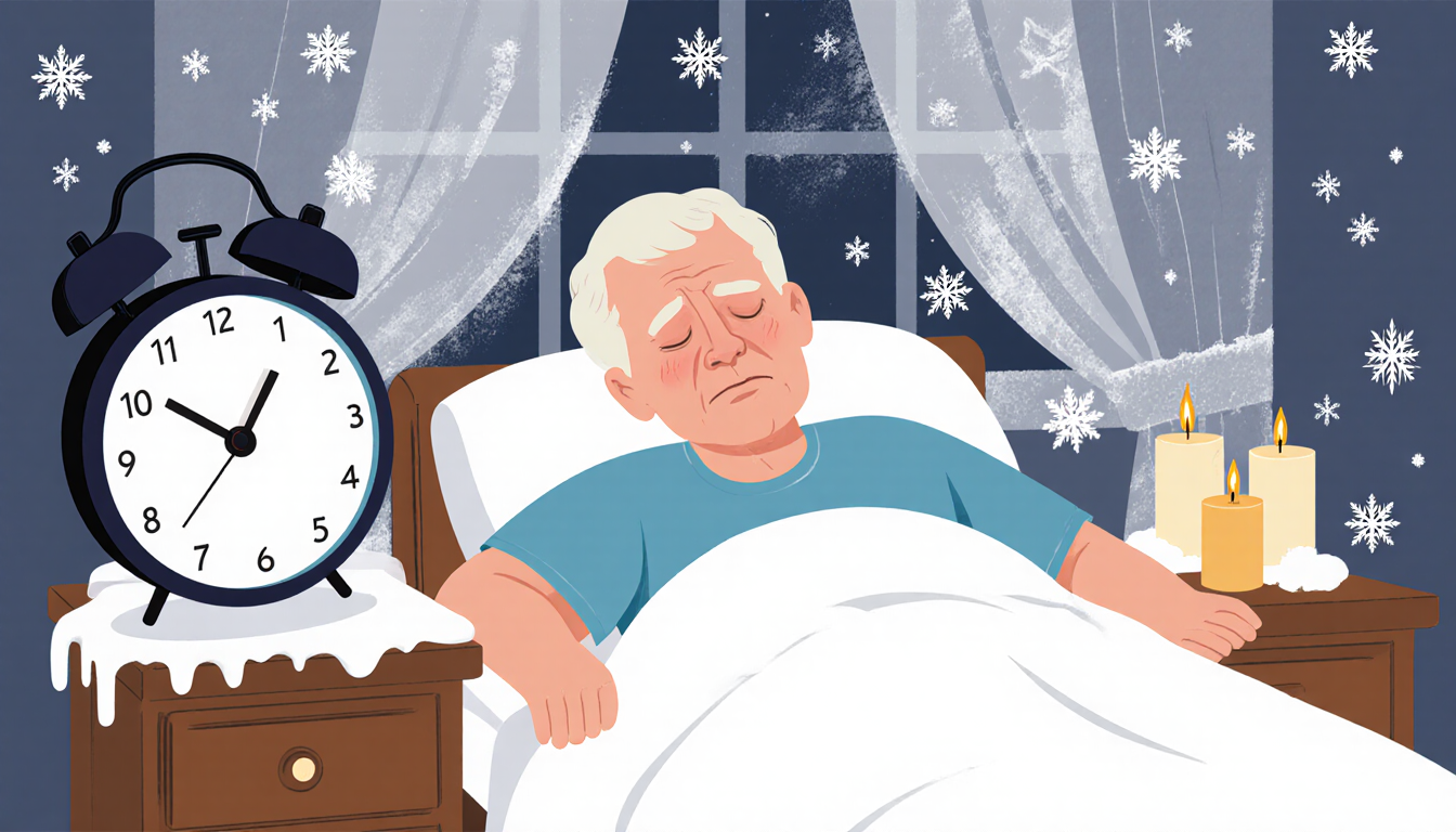 Person lying in bed feeling fatigue with alarm clock nearby and snowflakes outside the frosted window showing disrupted circa