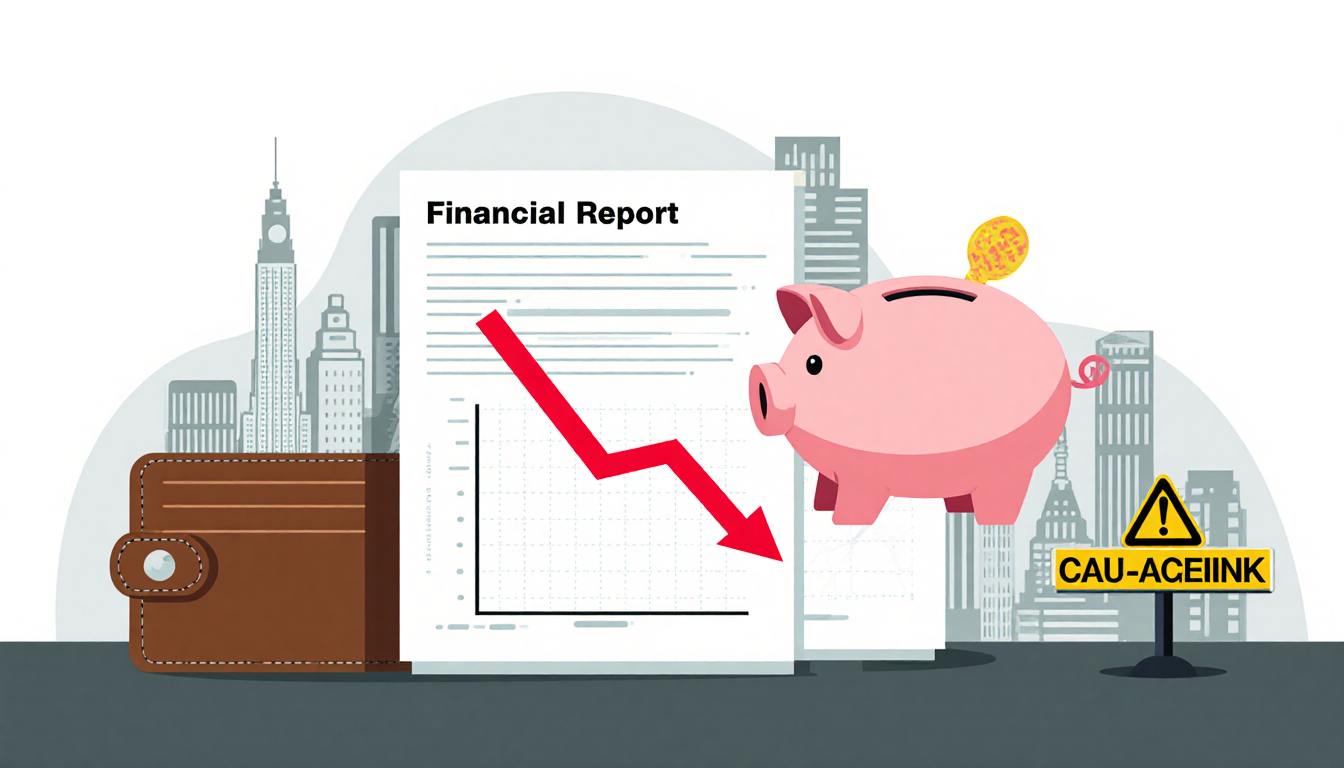 Illustration highlights city financial report with red shortfall indicator and declining revenue graph near empty piggy bank