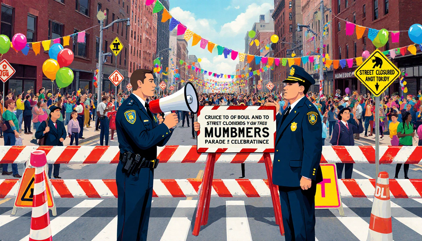 City officials holding a megaphone with barricades and balloons in a busy street for Mummers parade