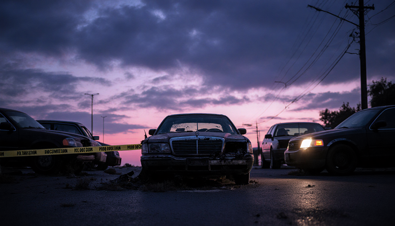 Worn sedan crumpling with cracked grille while police tape swirls around broken headlight casting eerie glow.