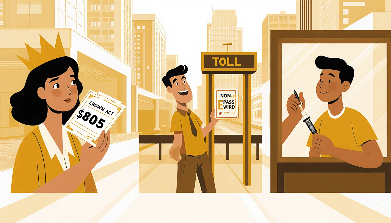 Pennsylvania woman holding $805 check with crown act symbol and New Jersey commuter looking at toll booth