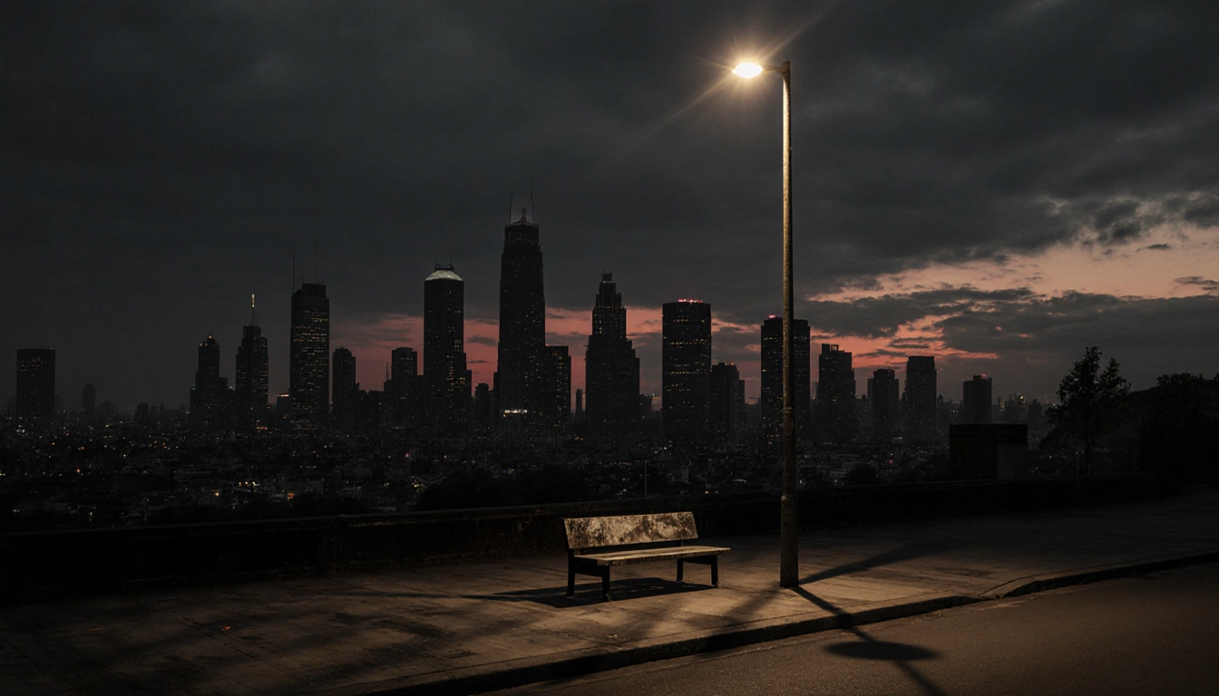 Streetlight flickering with long shadows on pavement and a lone bench in a cityscape at dusk