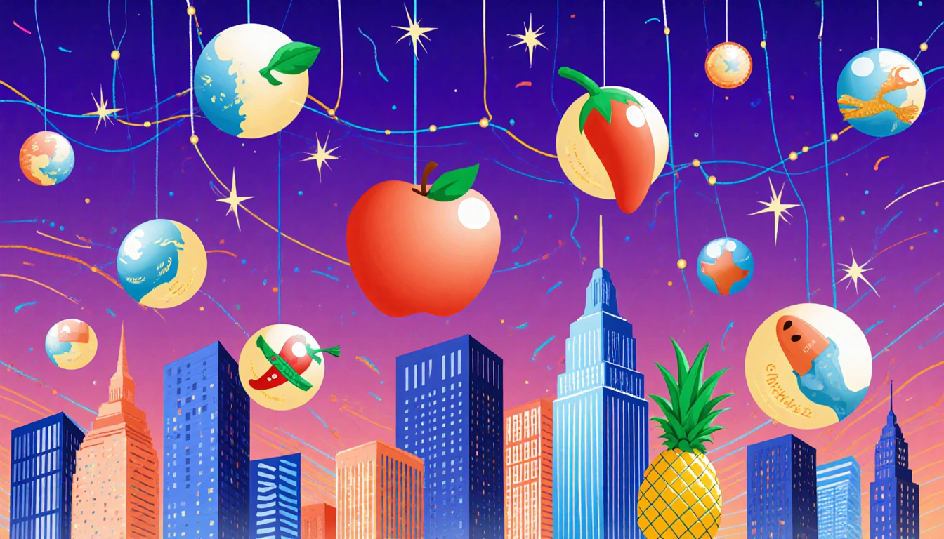 City skyline displays giant apple fish chili pineapple drops with bright lights and motion lines