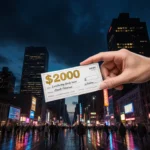 Giant hand clutching a giant Powerball lottery check with neon cityscape and wet streets full of hopeful faces