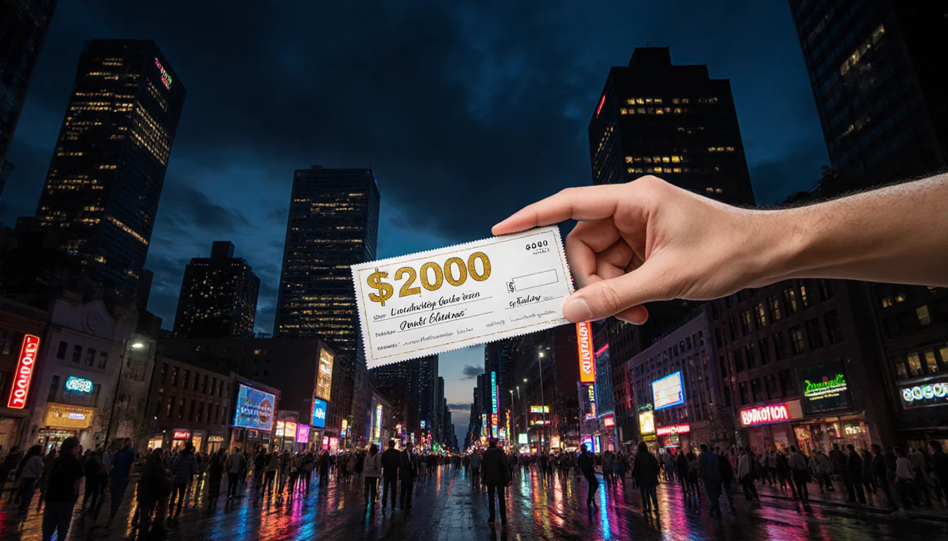 Giant hand clutching a giant Powerball lottery check with neon cityscape and wet streets full of hopeful faces