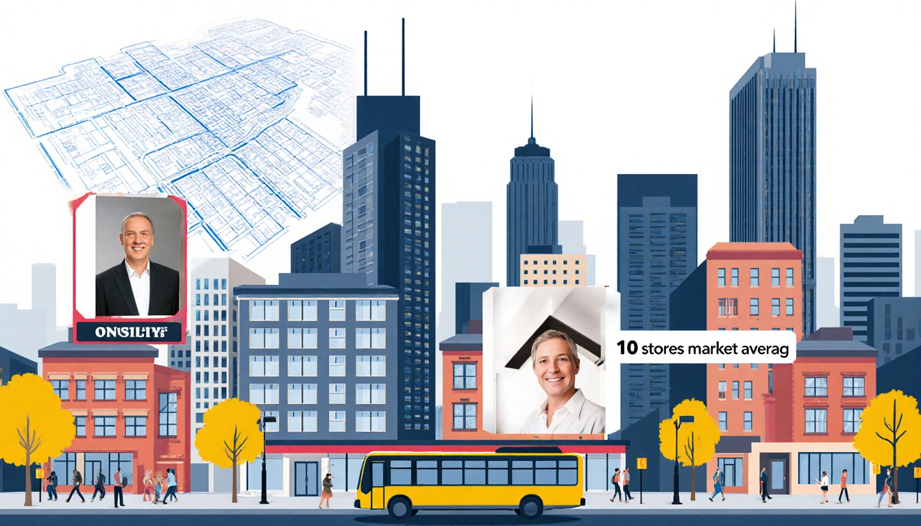 City skyline shows sleek skyscrapers with integrated blueprints and a 10 stories above market average label