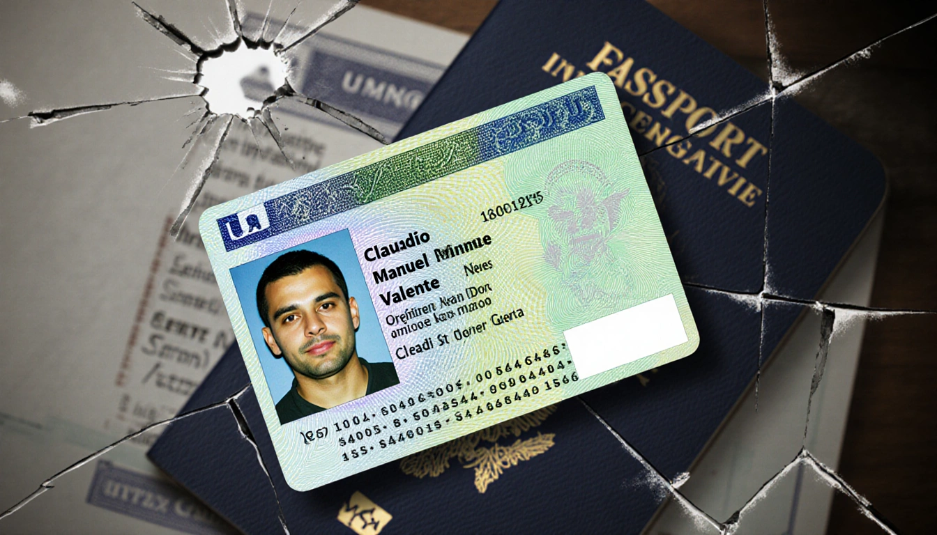 Green card showing name and visa number with blurred U.S. passport background and faint bullet hole and shattered glass.