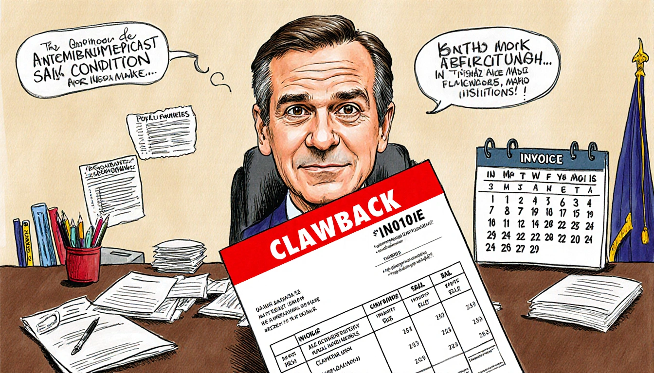 Dr. Mehmet Oz smiles with the red clawback sticker on an invoice on a cluttered governor's desk