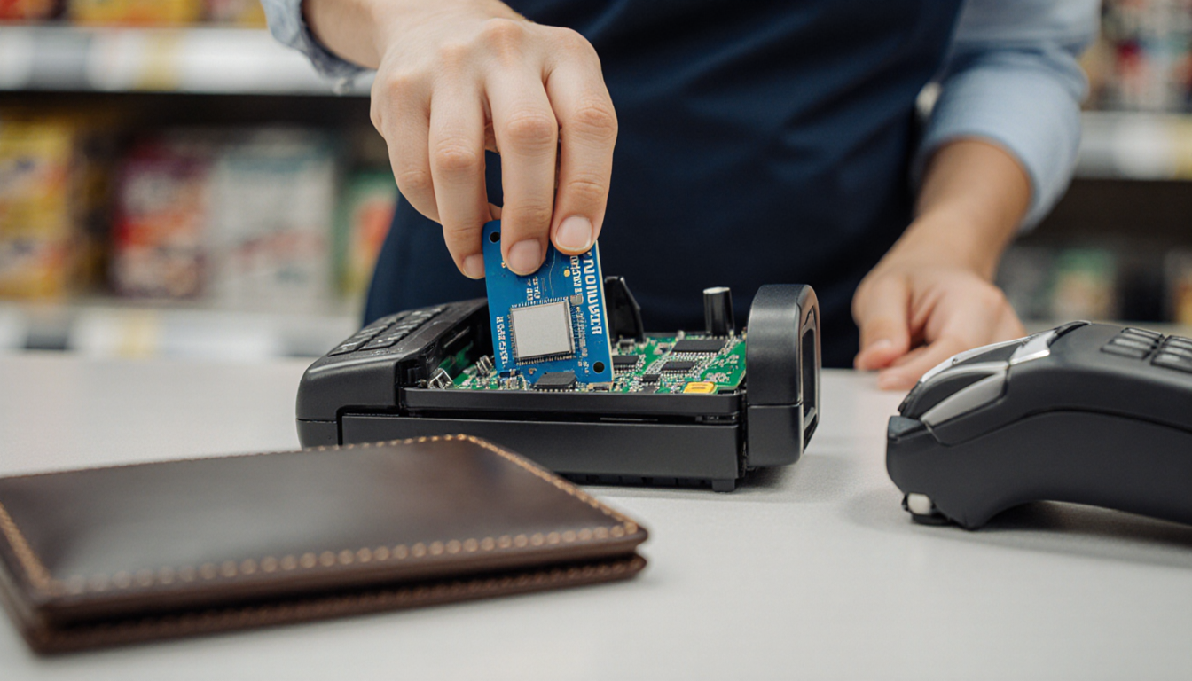 Clerk's hand grasping a skimming device ripped out of a card reader with a phone and wallet out of focus