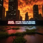 Nighttime cityscape with skyscrapers and green vines sprouting from pavement and a screen flashing urgent climate headlines.