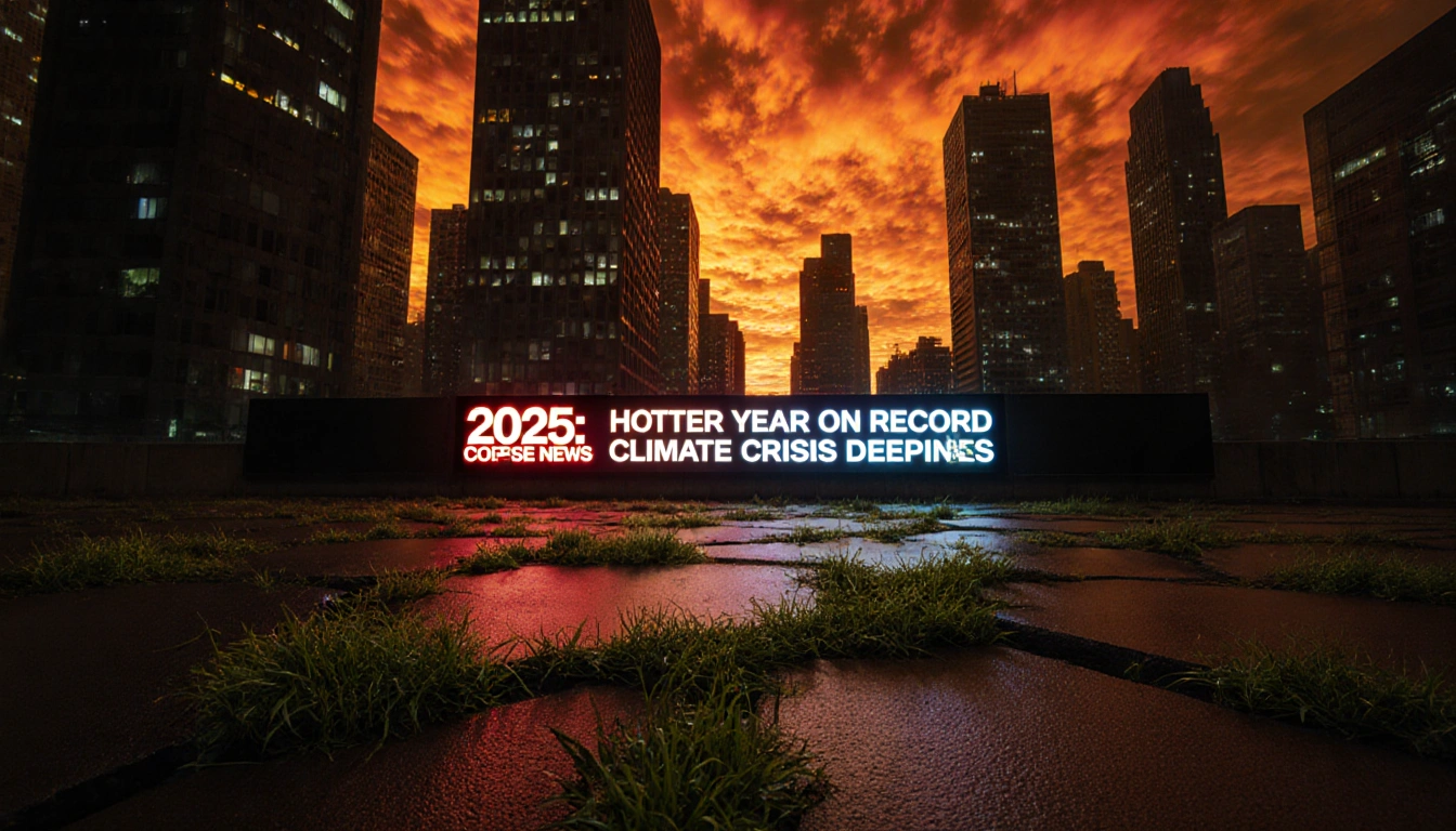 Nighttime cityscape with skyscrapers and green vines sprouting from pavement and a screen flashing urgent climate headlines.