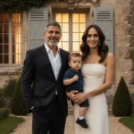 George Clooney and Amal Clooney twins Ella Alexander standing together with golden light lush greenery near a French estate