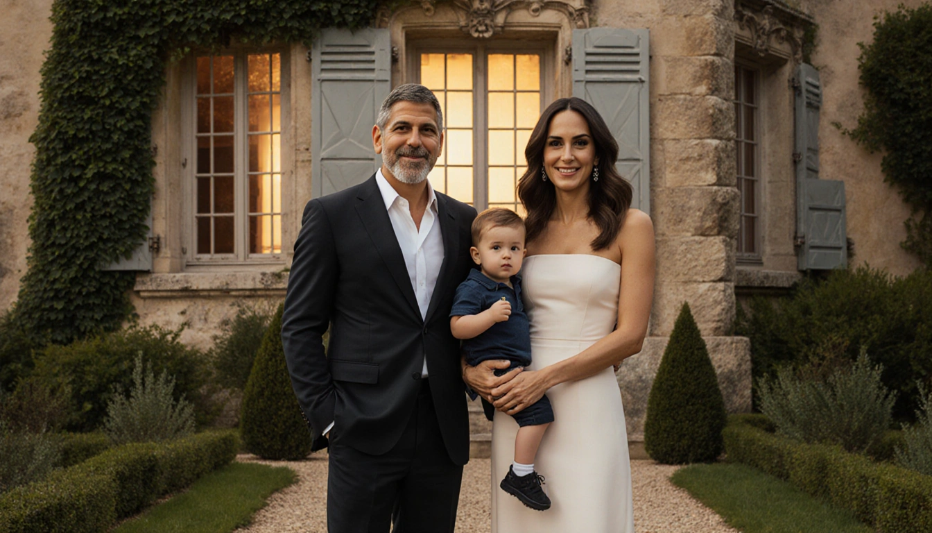 George Clooney and Amal Clooney twins Ella Alexander standing together with golden light lush greenery near a French estate