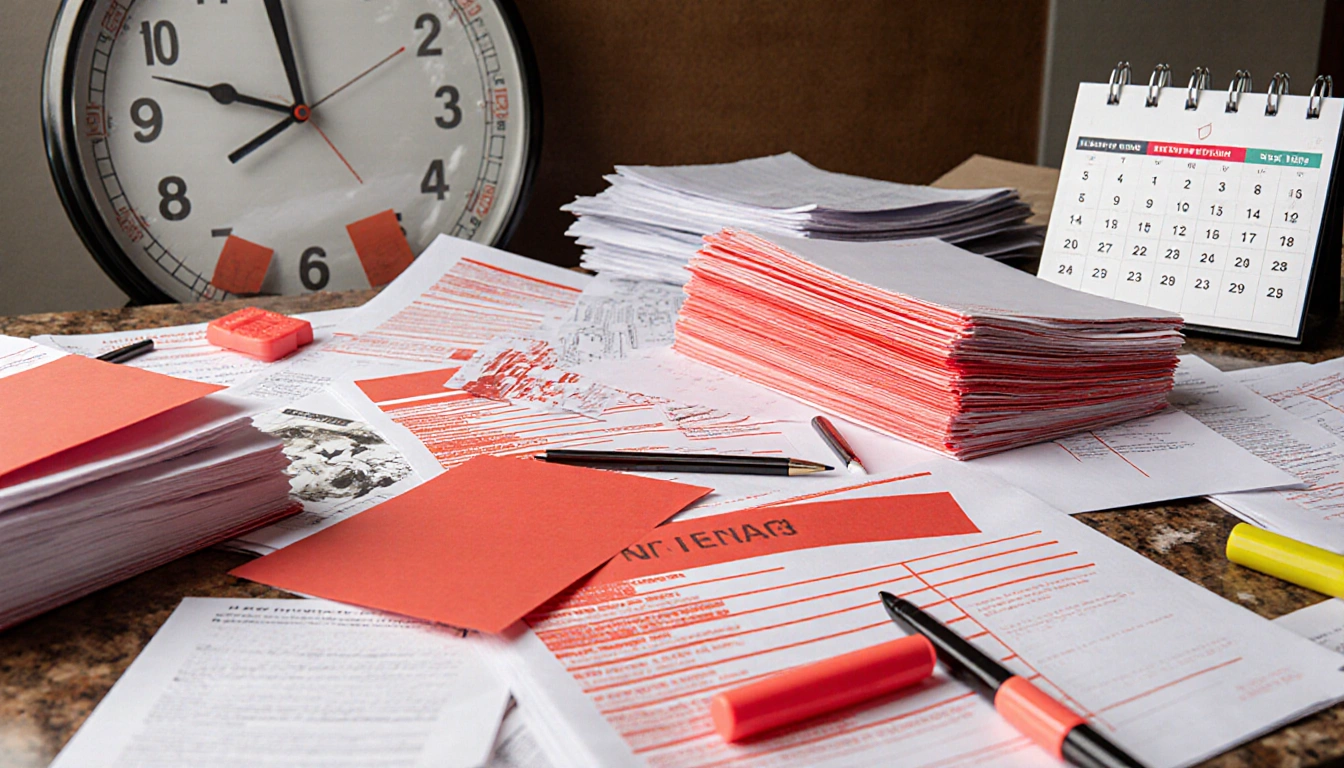 Cluttered desk overflowing with red documents and pens with a prominent clock indicating an urgent timeline