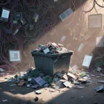Overflowing bin spilling discarded AI content with tangled wires and circuit boards on a grey floor.