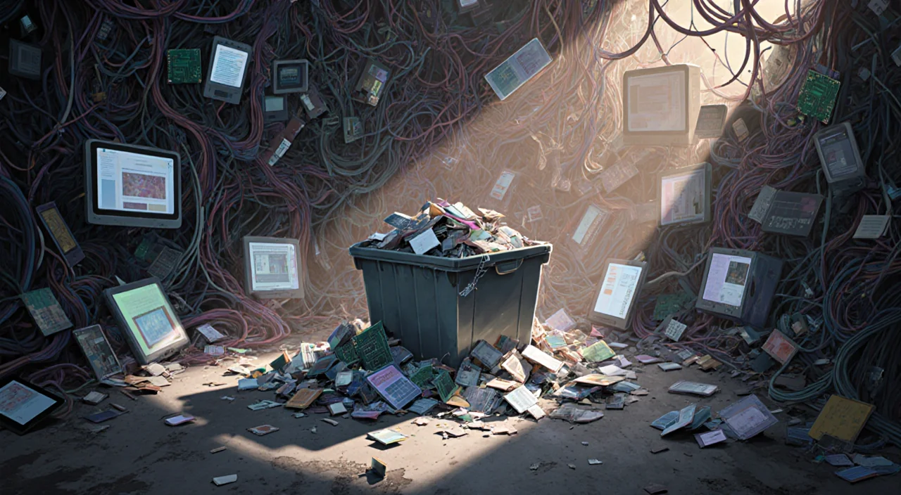 Overflowing bin spilling discarded AI content with tangled wires and circuit boards on a grey floor.