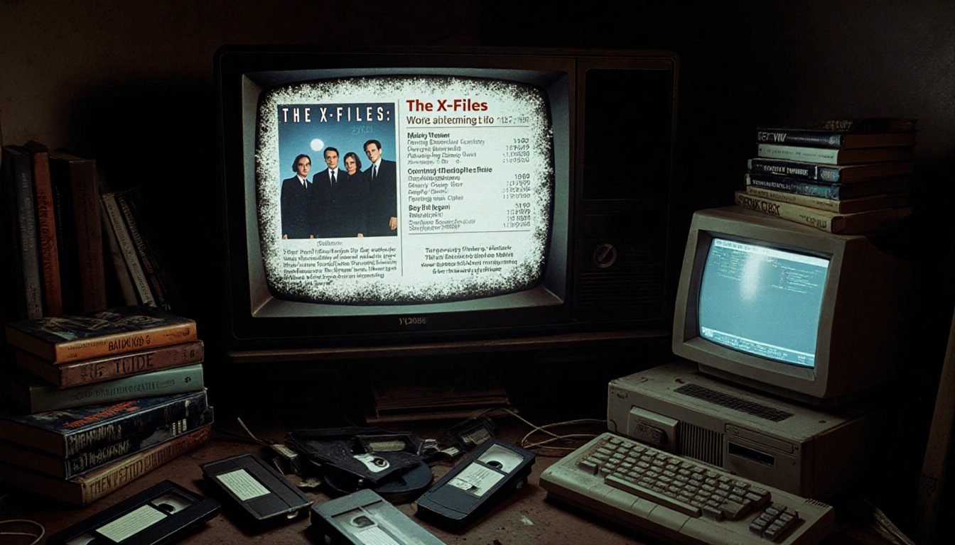 Television showing static TV guide with The X-Files highlighted and surrounded by VHS tapes and DVDs.