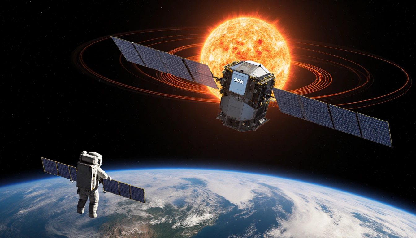 Spacecraft CMEx orbiting Earth with solar panels facing the Sun and a glowing magnetic halo near satellites and astronauts
