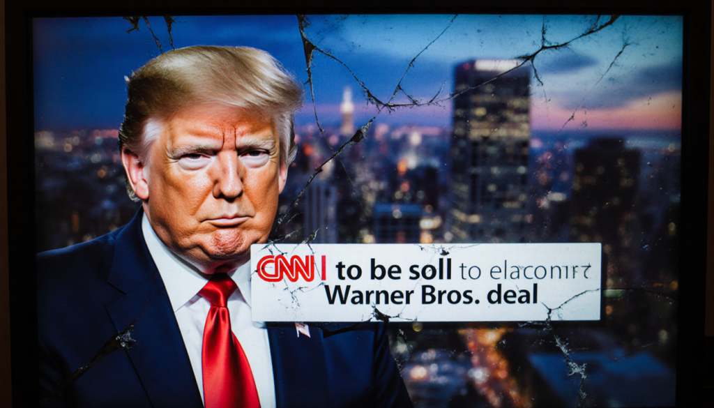 Cracked TV screen showing breaking news alert with faint Trump face overlay and dusk cityscape background