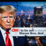 Cracked TV screen showing breaking news alert with faint Trump face overlay and dusk cityscape background