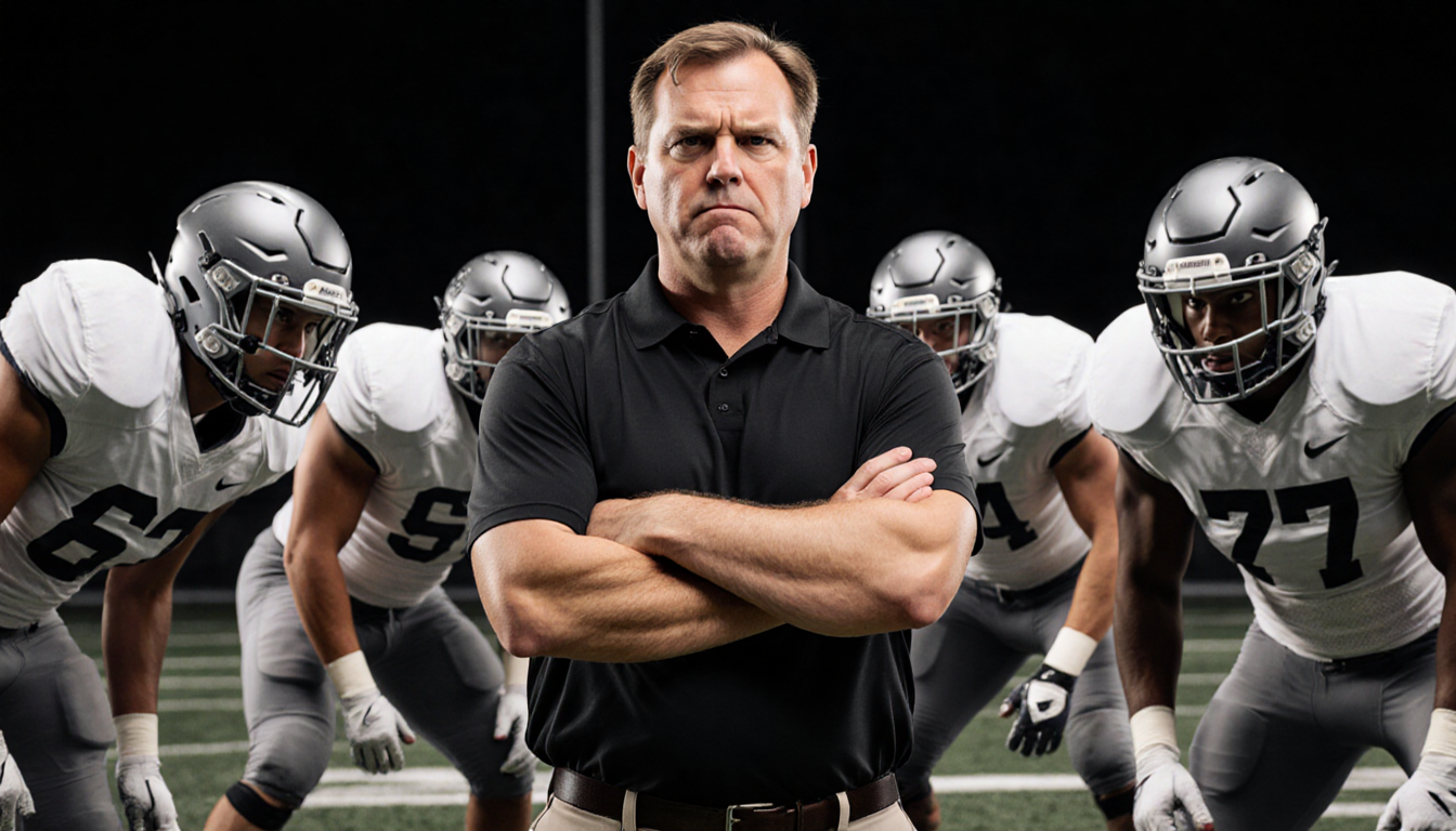Coach standing in front of defensive line with arms crossed and players in blitz stance behind him.