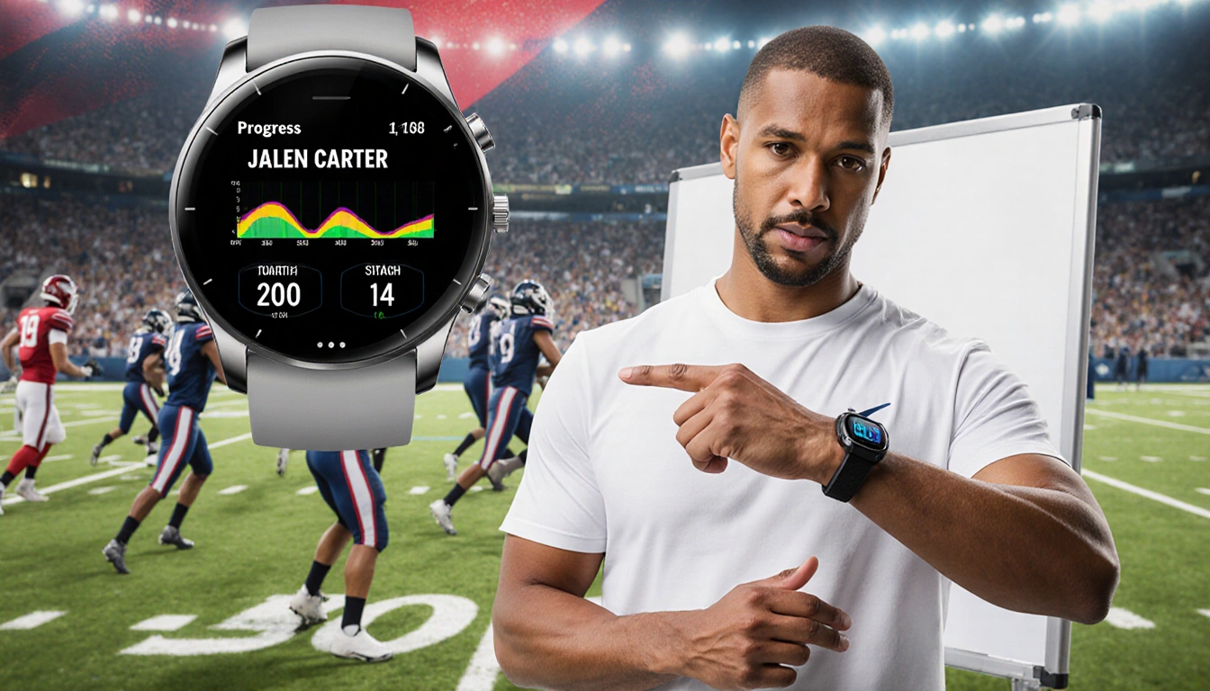 Coach pointing at his wrist with fitness tracker screen showing Jalen Carter's recovery progress near football field.