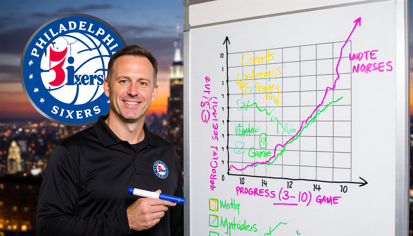 Coach Nick Nurse stands before a whiteboard with a 13-10 grid while an arrow points upward and a Sixers logo behind cityscape