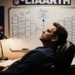Coach Nick Sirianni leaning back in office chair with NFC North standings board and play diagram whiteboard nearby