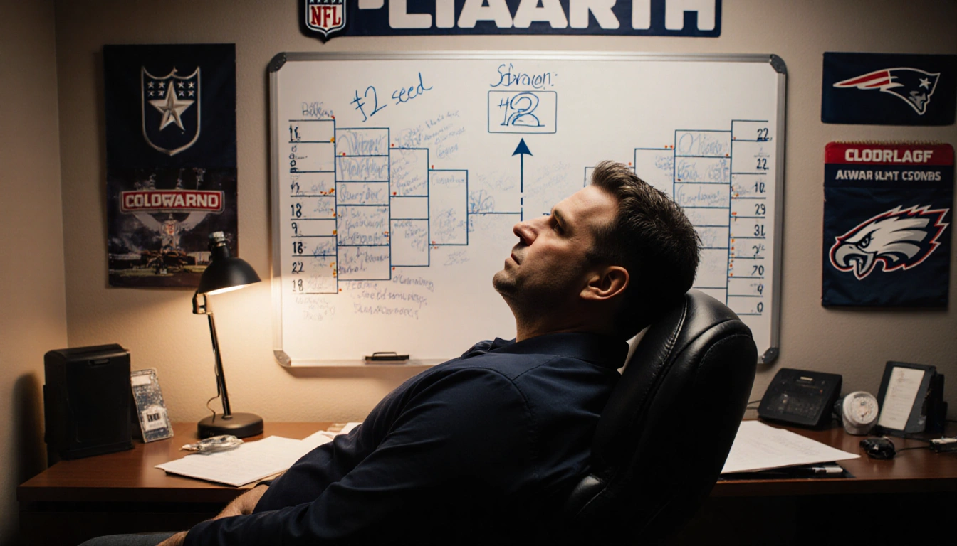 Coach Nick Sirianni leaning back in office chair with NFC North standings board and play diagram whiteboard nearby