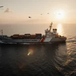 Coast Guard ship intercepting an oil tanker with helicopters overhead and sunrise over water