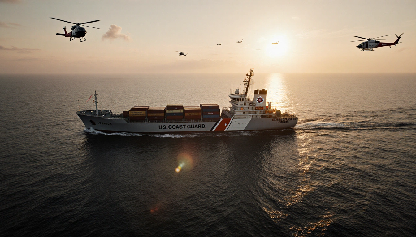 Coast Guard ship intercepting an oil tanker with helicopters overhead and sunrise over water