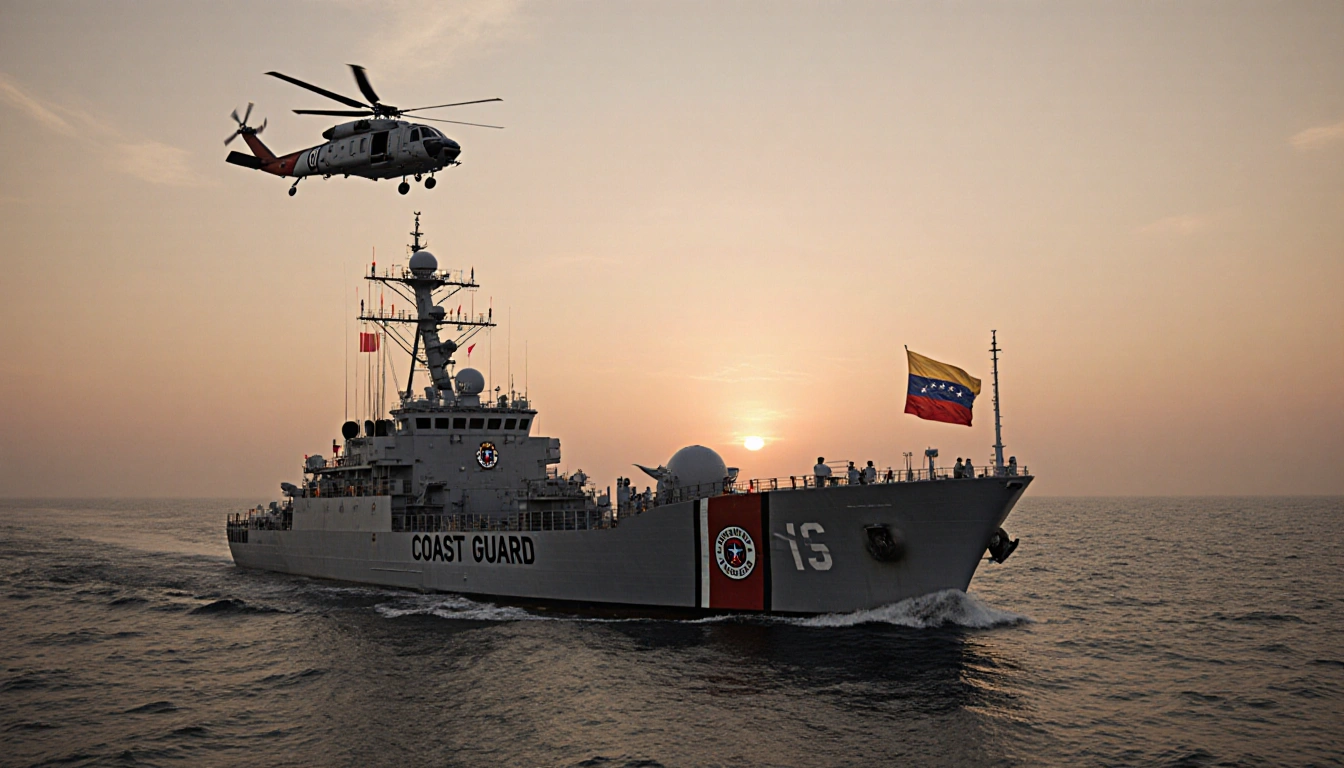 Coast Guard ship intercepting sanctioned oil tanker with military helicopters hovering and urgent crew action