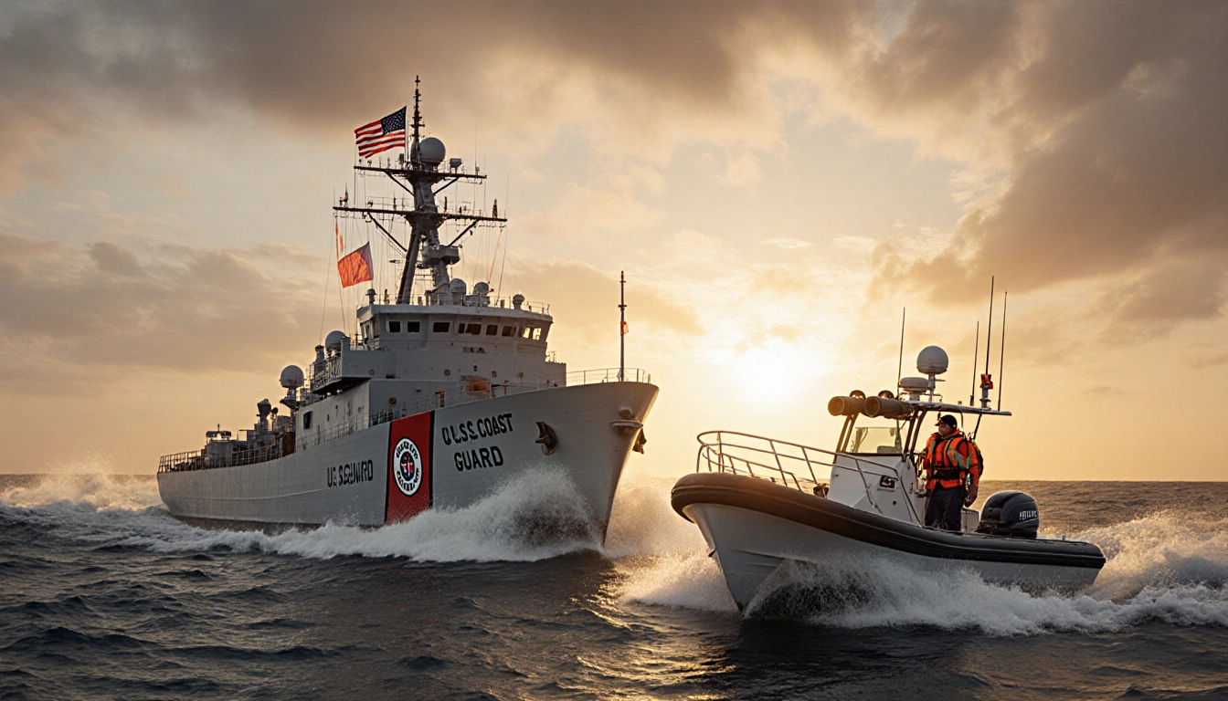 Coast Guard vessel chasing tanker with false flag amid sunset waves with sea spray