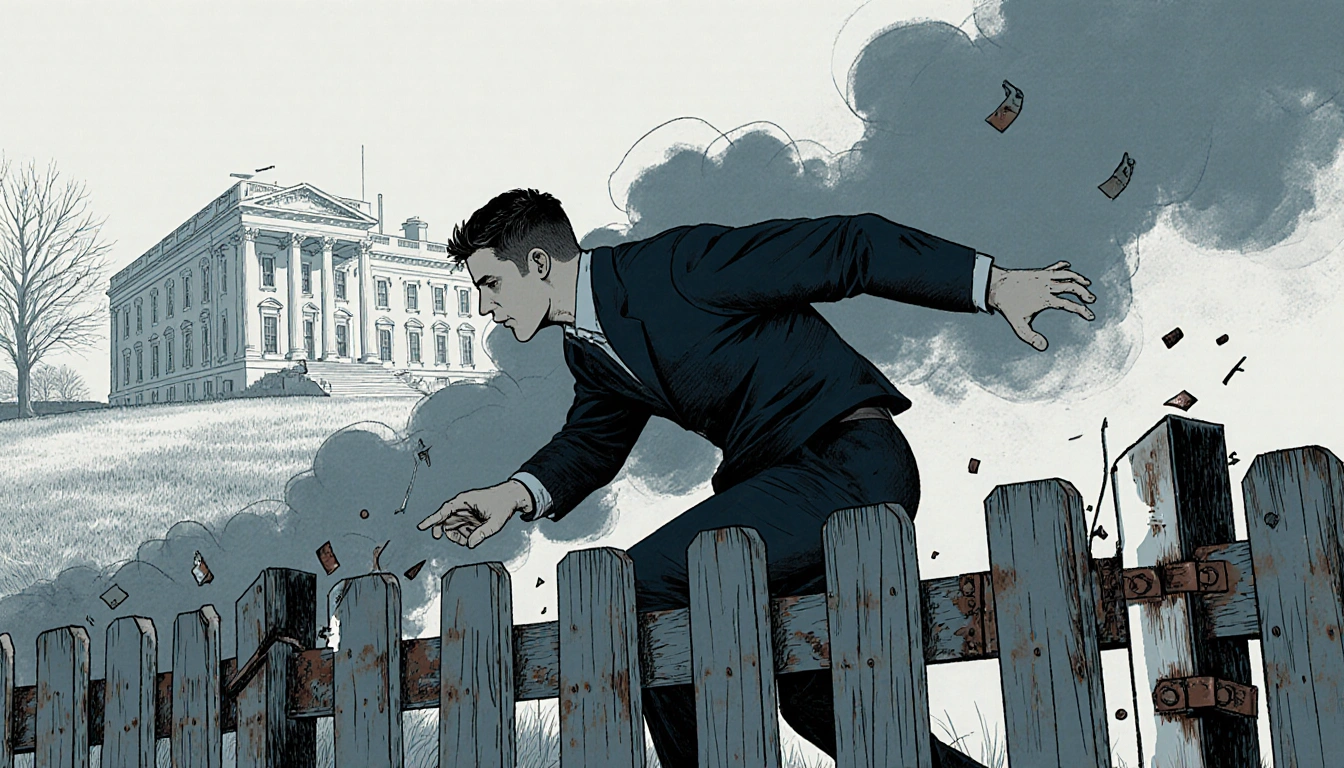 Cody Balmer leaps over a damaged fence with smoke billowing in the background and a glimpse of Governor Shapiro's home.