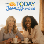 Jenna Bush Hager smiles at Sheinelle Jones at a coffee shop table with friendly hand gesture and morning sunlight glowing