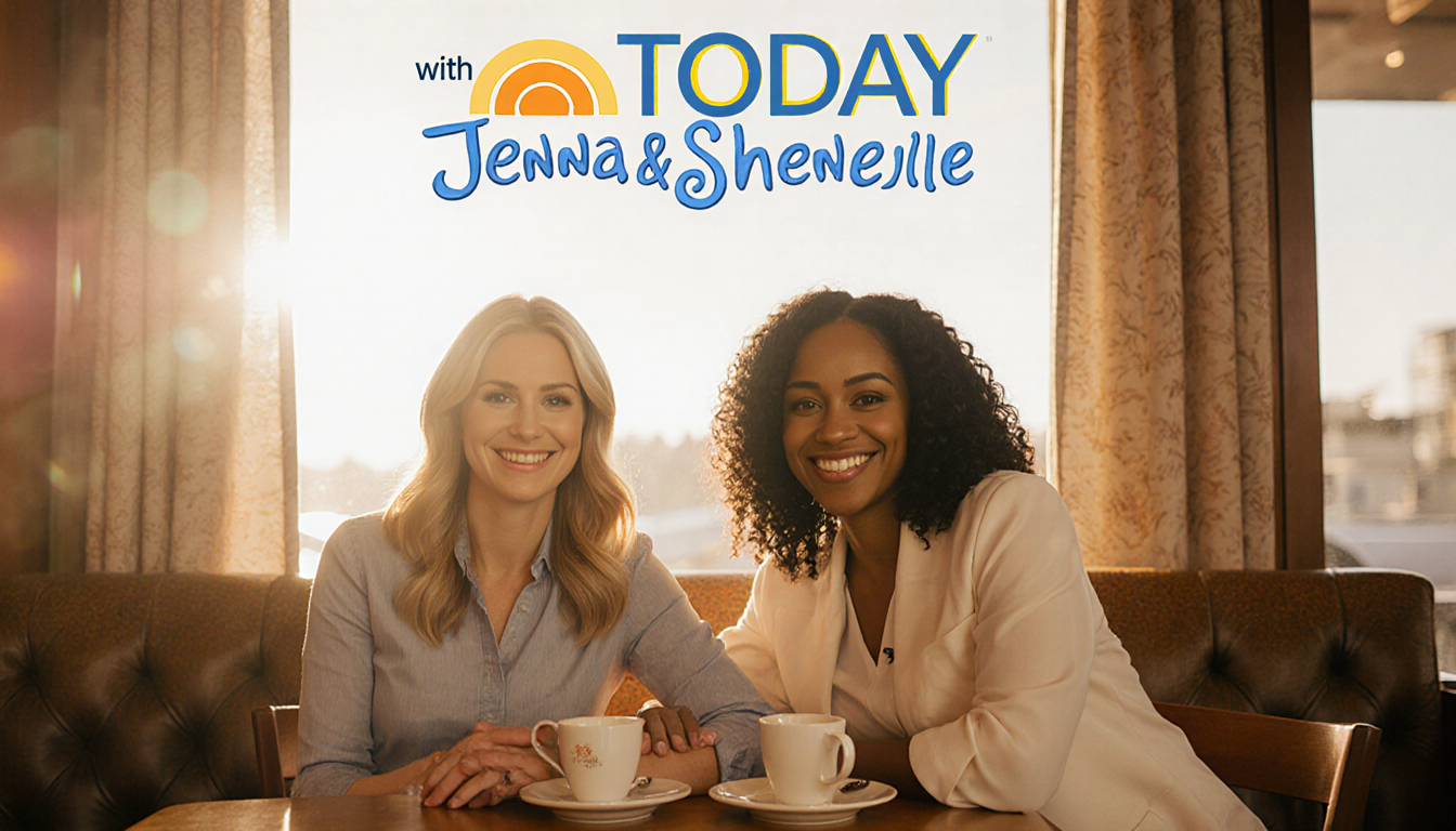 Jenna Bush Hager smiles at Sheinelle Jones at a coffee shop table with friendly hand gesture and morning sunlight glowing