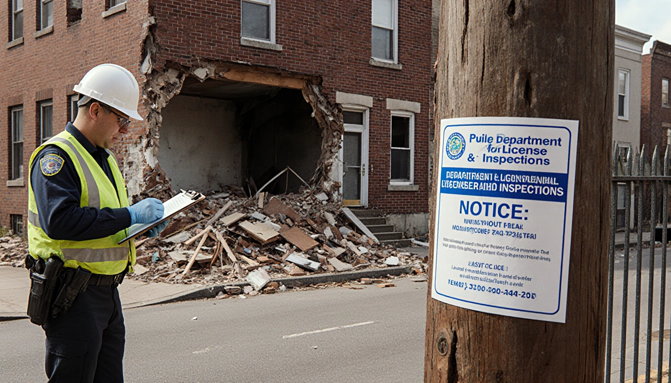 City official inspecting collapsed building debris and rubble with PPE and Philadelphia license sign on wooden post