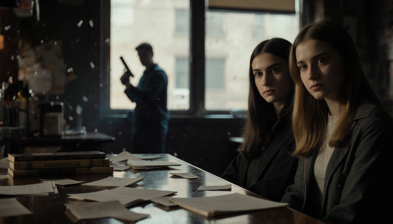 Students seated at table with books and notes and figure by window holding gun with reflections on college bar surface