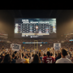 Crowd cheers while giant video screen shows matchup details with players ready under spotlights