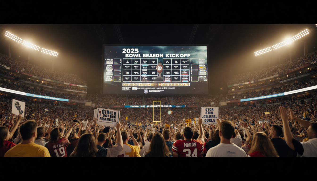 Crowd cheers while giant video screen shows matchup details with players ready under spotlights