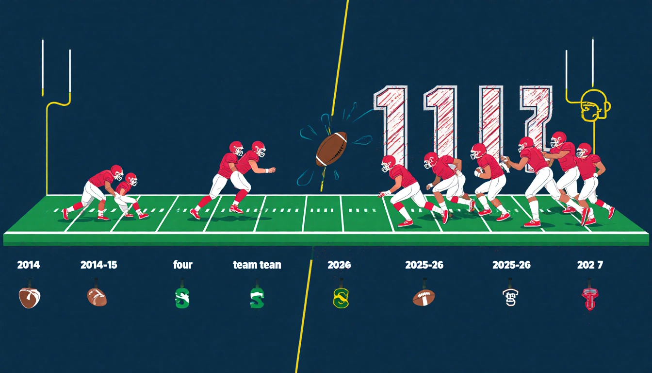 College football playoff timeline evolves with a split screen showing four‑team start and twelve‑team expansion.