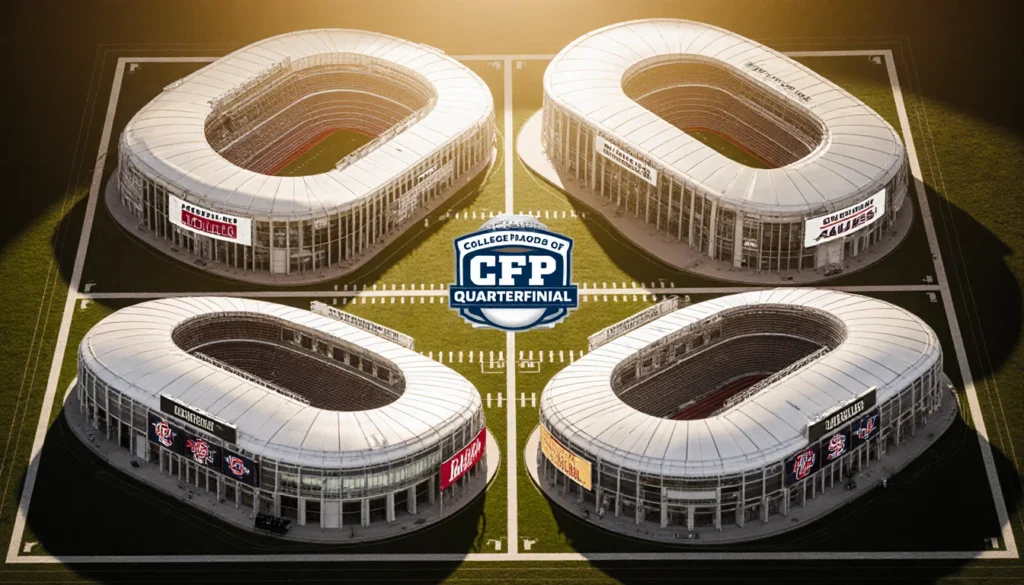 Stadiums line up in grid with college football playoff banners and golden lighting